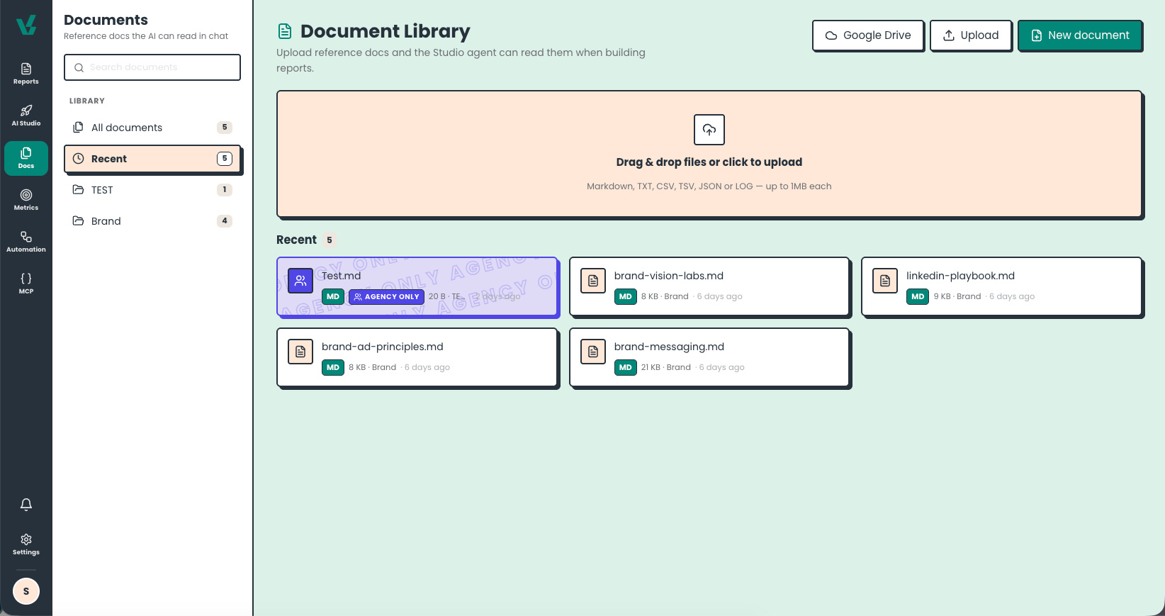 Context Warehouse library holding the strategy docs, call notes, and current goals the AI reads