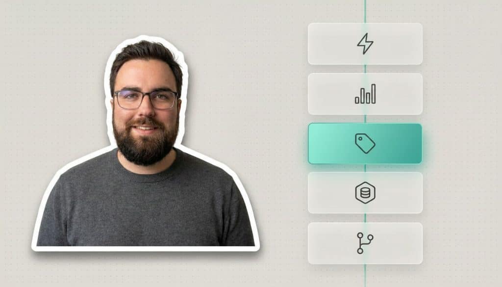 Five-layer reporting stack diagram — action, visualization, semantic layer, storage, and raw data — with Vision Labs co-founder JJ Reynolds